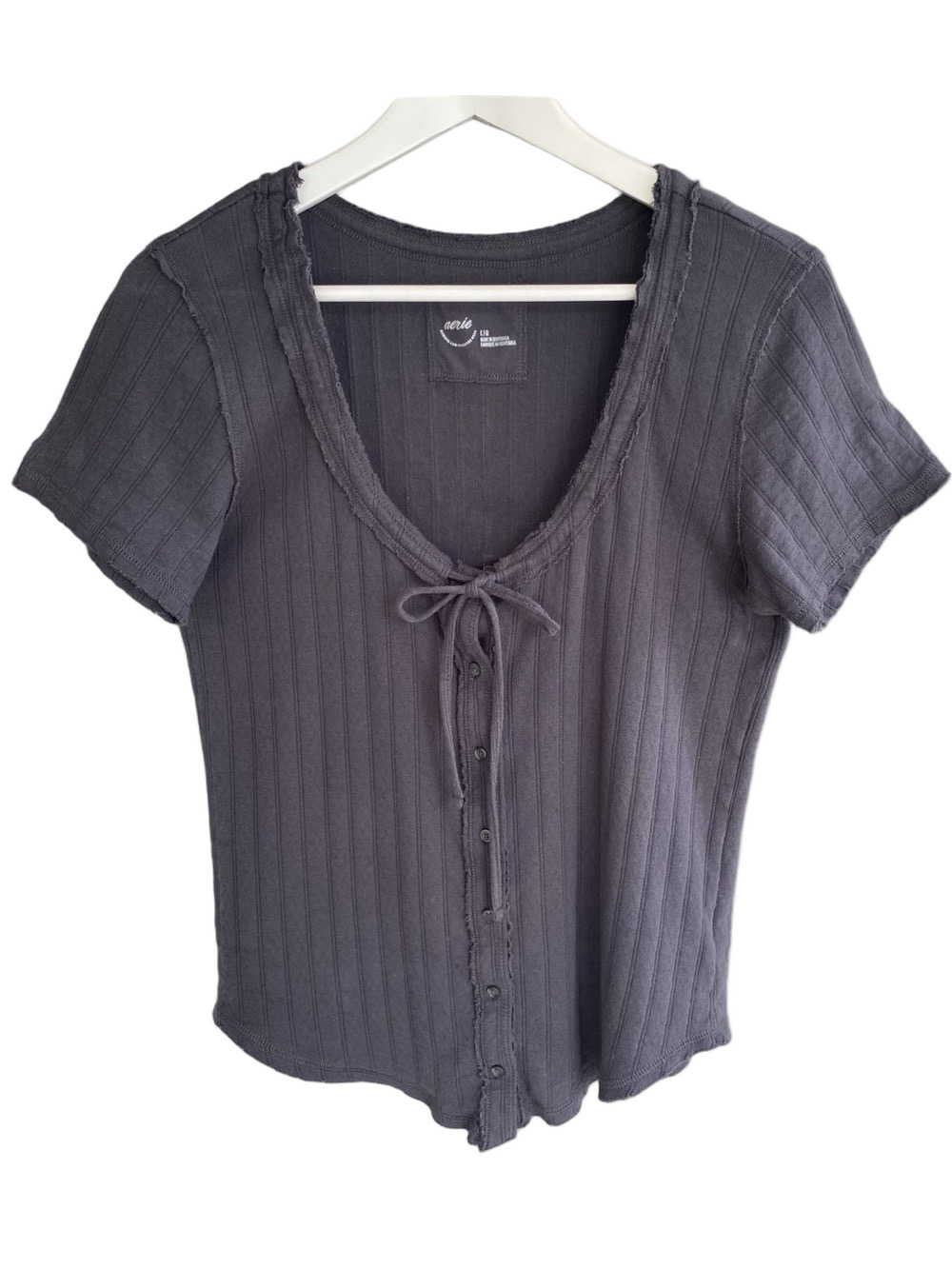 AERIE Top Short Sleeve Ribbed Button-Front Charcoal Women L